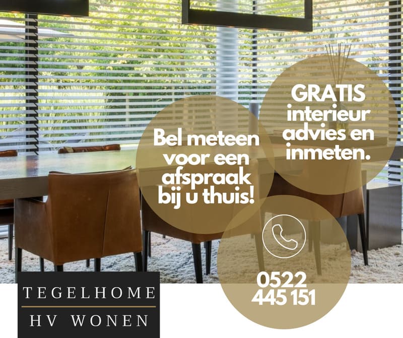 Interieur van eetkamer met zonwering en tegels, Tegelhome actie met gratis interieuradvies en inmeten aan huis