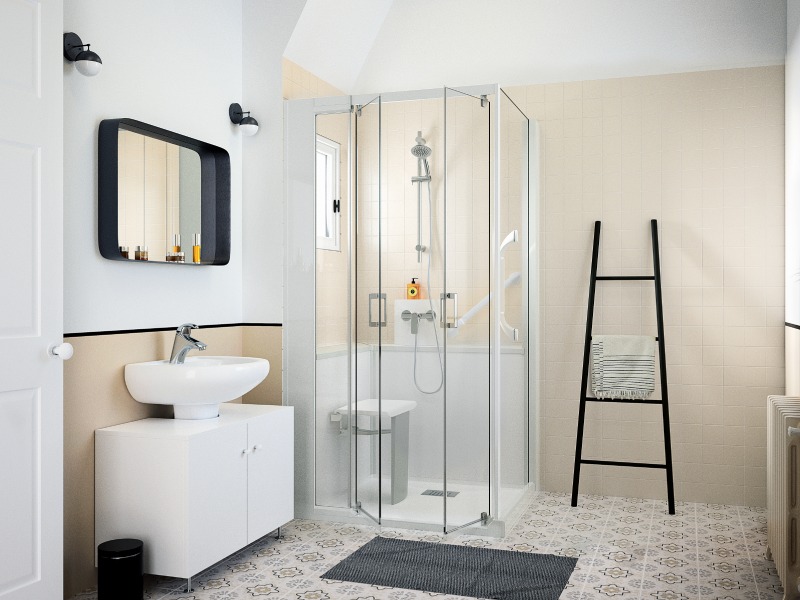 Douchen zonder zorgen in een veilige inloopdouche Moderne badkamer met een veilige inloopdouche, voorzien van een zitje, handgrepen en antislipvloer.