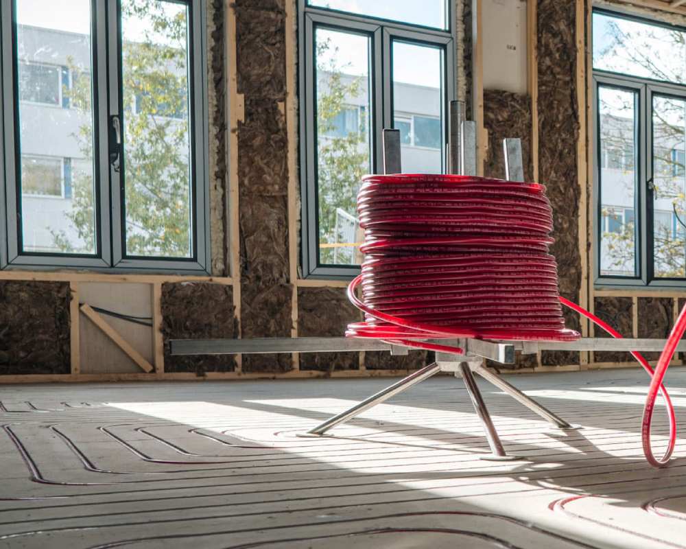 Vloerverwarmingsbuizen klaar voor installatie in Zwolle Rode vloerverwarmingsbuizen op een spoel, klaar voor installatie in Zwolle